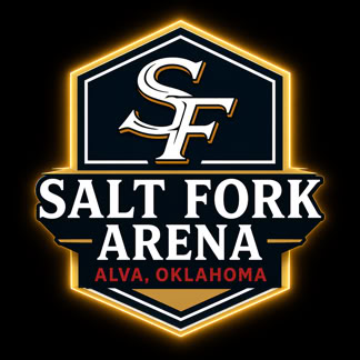 Salt Fork Arena logo – a hexagonal badge with a golden outline, featuring stylised “SF” initials at the top and the text “Salt Fork Arena, Alva, Oklahoma” below on a dark background.